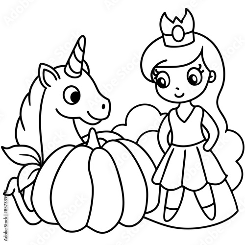 Cute princess cuddles with a unicorn. Coloring book page with colorful template for kids. Isolated illustration. For coloring book