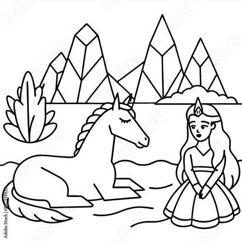 Cute princess cuddles with a unicorn. Coloring book page with colorful template for kids. Isolated illustration. For coloring book