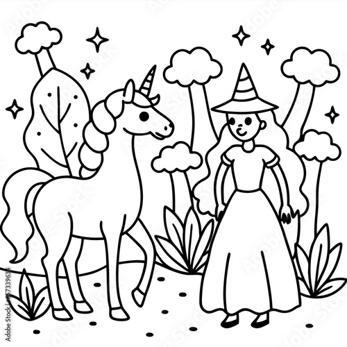 Cute princess cuddles with a unicorn. Coloring book page with colorful template for kids. Isolated illustration. For coloring book
