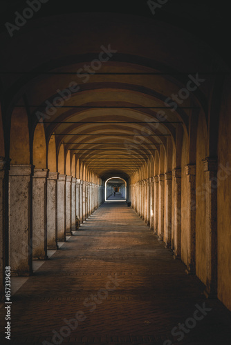Dark tunnel perspective. Grunge architecture, old corridor in shadow.