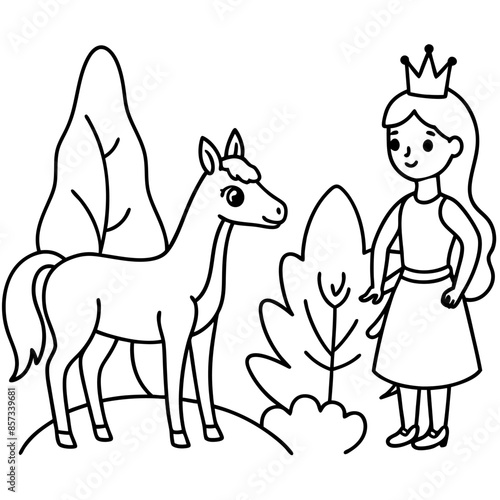 Cute princess cuddles with a unicorn. Coloring book page with colorful template for kids. Isolated illustration. For coloring book