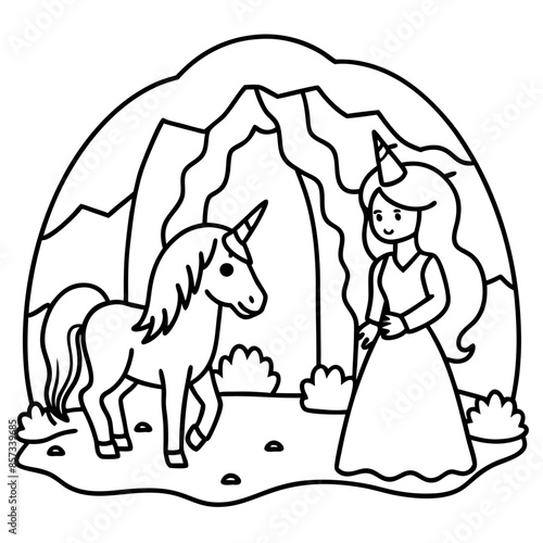 Cute princess cuddles with a unicorn. Coloring book page with colorful template for kids. Isolated illustration. For coloring book