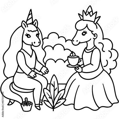 Cute princess cuddles with a unicorn. Coloring book page with colorful template for kids. Isolated illustration. For coloring book