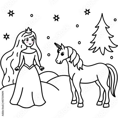 Cute princess cuddles with a unicorn. Coloring book page with colorful template for kids. Isolated illustration. For coloring book