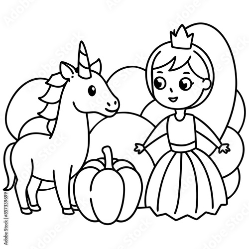 Cute princess cuddles with a unicorn. Coloring book page with colorful template for kids. Isolated illustration. For coloring book