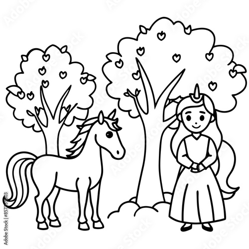 Cute princess cuddles with a unicorn. Coloring book page with colorful template for kids. Isolated illustration. For coloring book