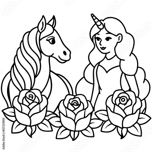 Cute princess cuddles with a unicorn. Coloring book page with colorful template for kids. Isolated illustration. For coloring book