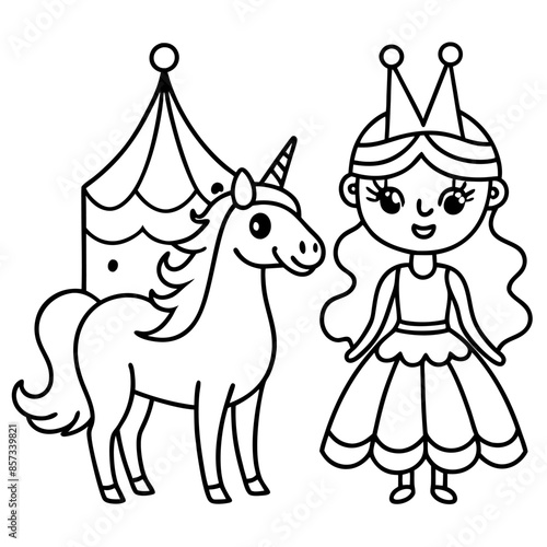 Cute princess cuddles with a unicorn. Coloring book page with colorful template for kids. Isolated illustration. For coloring book