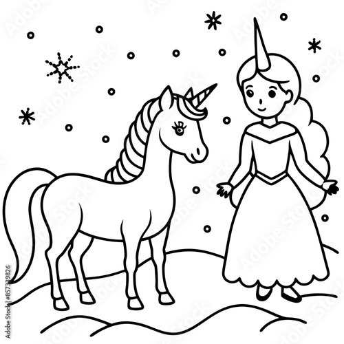 Cute princess cuddles with a unicorn. Coloring book page with colorful template for kids. Isolated illustration. For coloring book