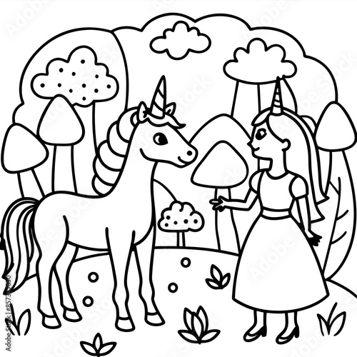 Cute princess cuddles with a unicorn. Coloring book page with colorful template for kids. Isolated illustration. For coloring book