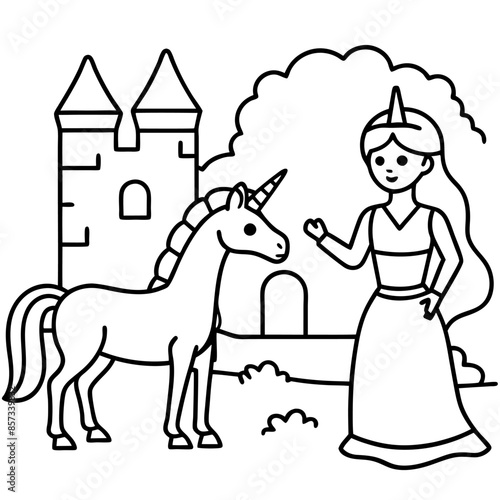 Cute princess cuddles with a unicorn. Coloring book page with colorful template for kids. Isolated illustration. For coloring book