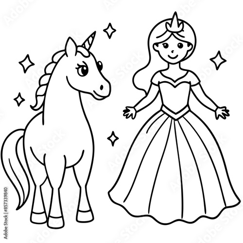 Cute princess cuddles with a unicorn. Coloring book page with colorful template for kids. Isolated illustration. For coloring book