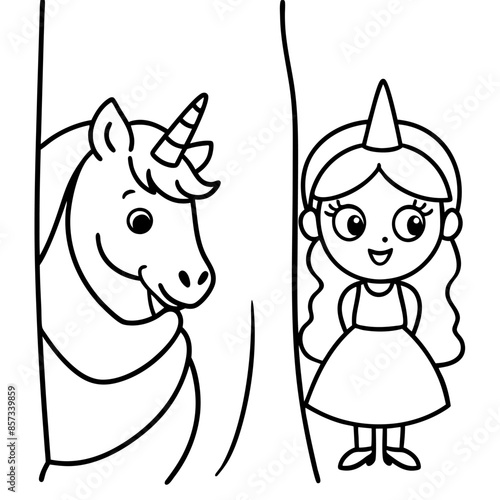 Cute princess cuddles with a unicorn. Coloring book page with colorful template for kids. Isolated illustration. For coloring book