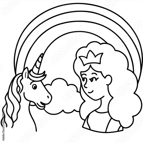 Cute princess cuddles with a unicorn. Coloring book page with colorful template for kids. Isolated illustration. For coloring book