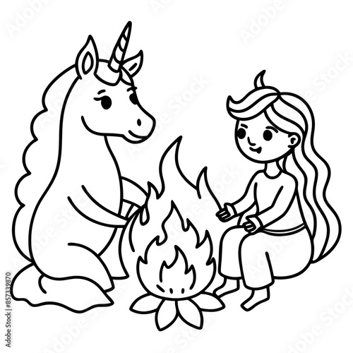 Cute princess cuddles with a unicorn. Coloring book page with colorful template for kids. Isolated illustration. For coloring book