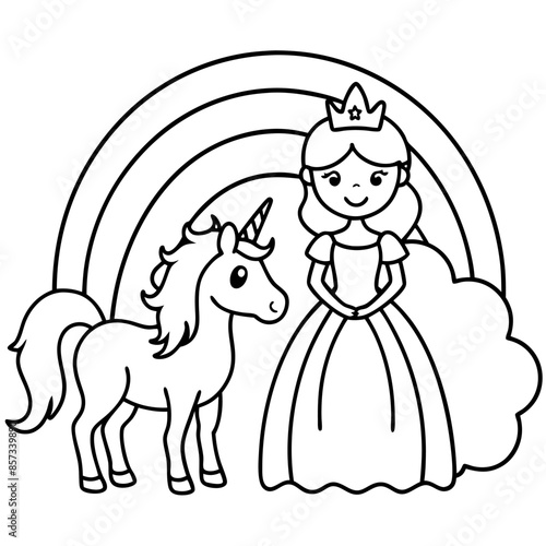 Cute princess cuddles with a unicorn. Coloring book page with colorful template for kids. Isolated illustration. For coloring book