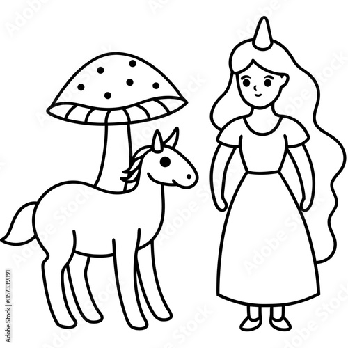 Cute princess cuddles with a unicorn. Coloring book page with colorful template for kids. Isolated illustration. For coloring book