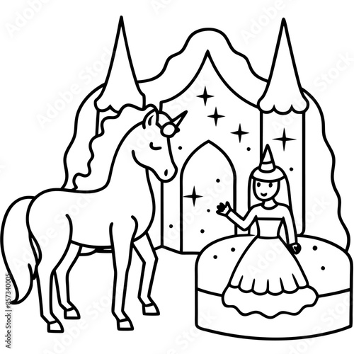 Cute princess cuddles with a unicorn. Coloring book page with colorful template for kids. Isolated illustration. For coloring book