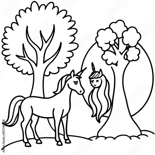 Cute princess cuddles with a unicorn. Coloring book page with colorful template for kids. Isolated illustration. For coloring book