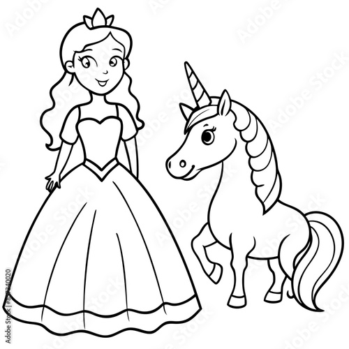 Cute princess cuddles with a unicorn. Coloring book page with colorful template for kids. Isolated illustration. For coloring book