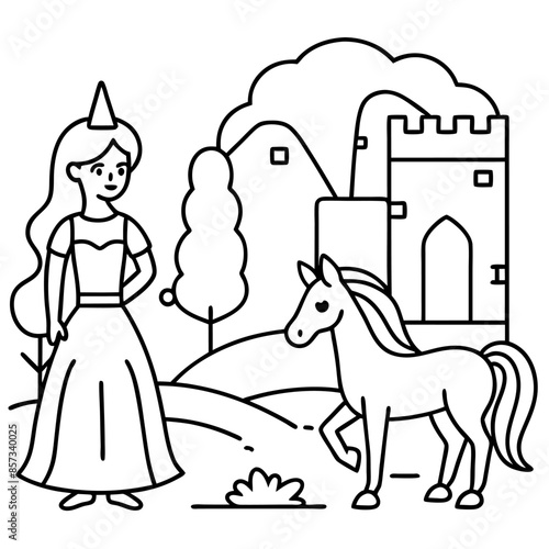 Cute princess cuddles with a unicorn. Coloring book page with colorful template for kids. Isolated illustration. For coloring book