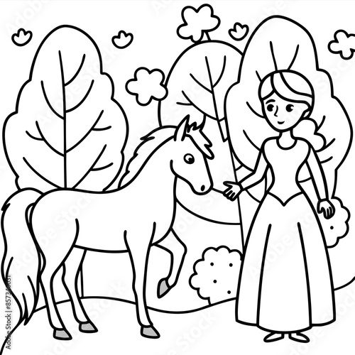 Cute princess cuddles with a unicorn. Coloring book page with colorful template for kids. Isolated illustration. For coloring book