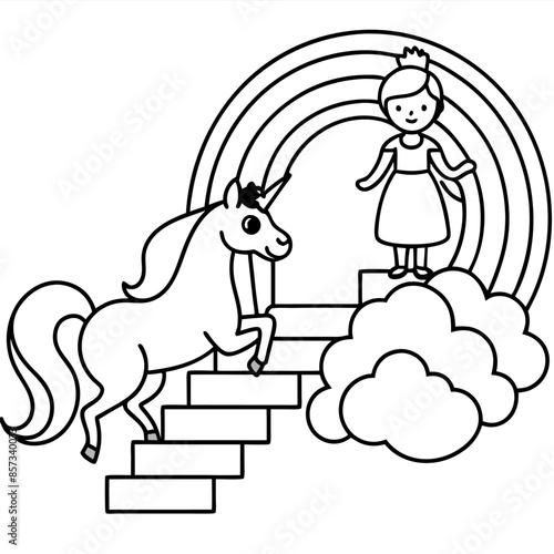 Cute princess cuddles with a unicorn. Coloring book page with colorful template for kids. Isolated illustration. For coloring book