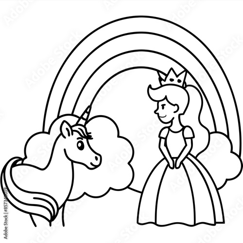 Cute princess cuddles with a unicorn. Coloring book page with colorful template for kids. Isolated illustration. For coloring book