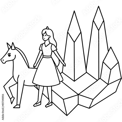 Cute princess cuddles with a unicorn. Coloring book page with colorful template for kids. Isolated illustration. For coloring book