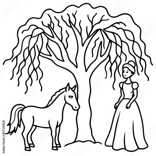 Cute princess cuddles with a unicorn. Coloring book page with colorful template for kids. Isolated illustration. For coloring book