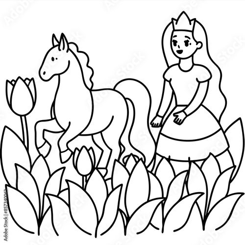 Cute princess cuddles with a unicorn. Coloring book page with colorful template for kids. Isolated illustration. For coloring book