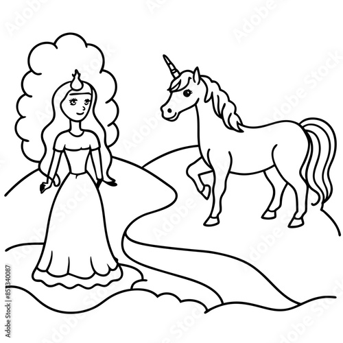 Cute princess cuddles with a unicorn. Coloring book page with colorful template for kids. Isolated illustration. For coloring book