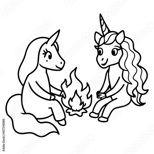 Cute princess cuddles with a unicorn. Coloring book page with colorful template for kids. Isolated illustration. For coloring book