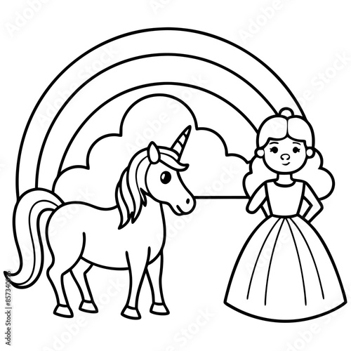 Cute princess cuddles with a unicorn. Coloring book page with colorful template for kids. Isolated illustration. For coloring book