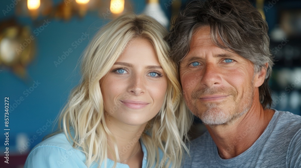 A man and a woman smile at each other in a cafe setting A man and a woman smile at each other in a cafe setting