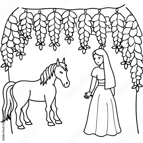 Cute princess cuddles with a unicorn. Coloring book page with colorful template for kids. Isolated illustration. For coloring book