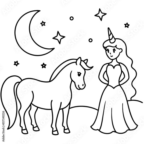 Cute princess cuddles with a unicorn. Coloring book page with colorful template for kids. Isolated illustration. For coloring book