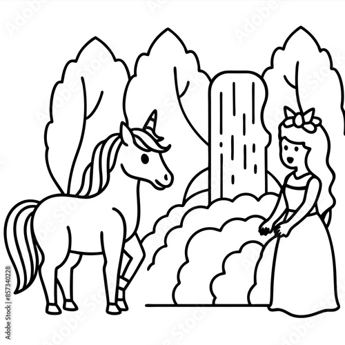 Cute princess cuddles with a unicorn. Coloring book page with colorful template for kids. Isolated illustration. For coloring book