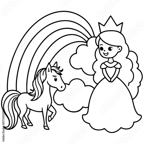 Cute princess cuddles with a unicorn. Coloring book page with colorful template for kids. Isolated illustration. For coloring book