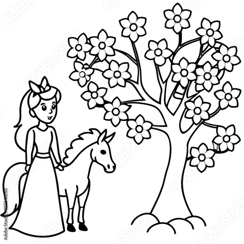 Cute princess cuddles with a unicorn. Coloring book page with colorful template for kids. Isolated illustration. For coloring book