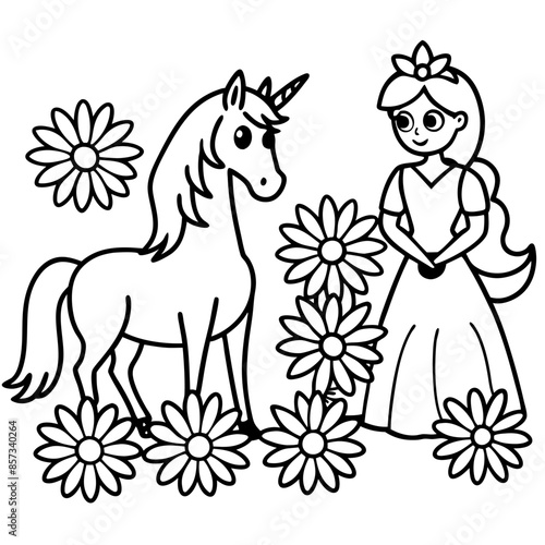 Cute princess cuddles with a unicorn. Coloring book page with colorful template for kids. Isolated illustration. For coloring book