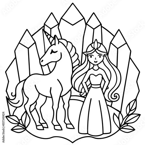Cute princess cuddles with a unicorn. Coloring book page with colorful template for kids. Isolated illustration. For coloring book