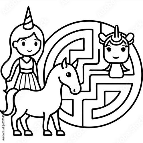 Cute princess cuddles with a unicorn. Coloring book page with colorful template for kids. Isolated illustration. For coloring book