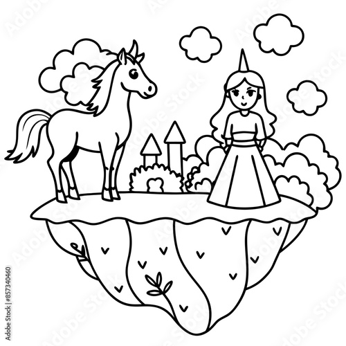 Cute princess cuddles with a unicorn. Coloring book page with colorful template for kids. Isolated illustration. For coloring book