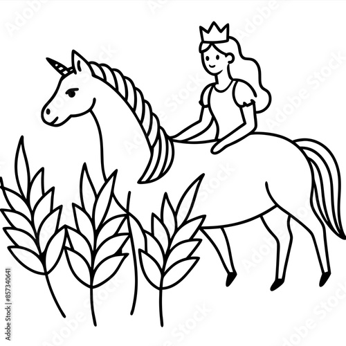 Cute princess cuddles with a unicorn. Coloring book page with colorful template for kids. Isolated illustration. For coloring book