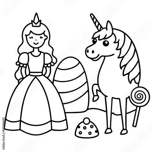 Cute princess cuddles with a unicorn. Coloring book page with colorful template for kids. Isolated illustration. For coloring book