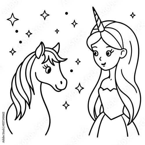 Cute princess cuddles with a unicorn. Coloring book page with colorful template for kids. Isolated illustration. For coloring book