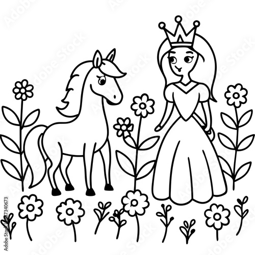 Cute princess cuddles with a unicorn. Coloring book page with colorful template for kids. Isolated illustration. For coloring book