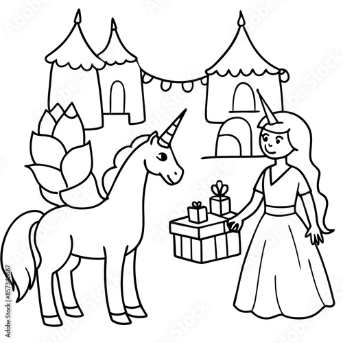 Cute princess cuddles with a unicorn. Coloring book page with colorful template for kids. Isolated illustration. For coloring book