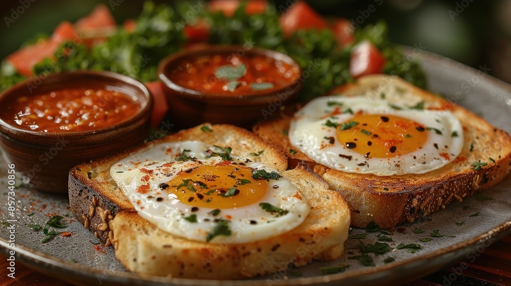 Toasted bread topped with fried eggs and salsa Toasted bread topped with fried eggs and salsa